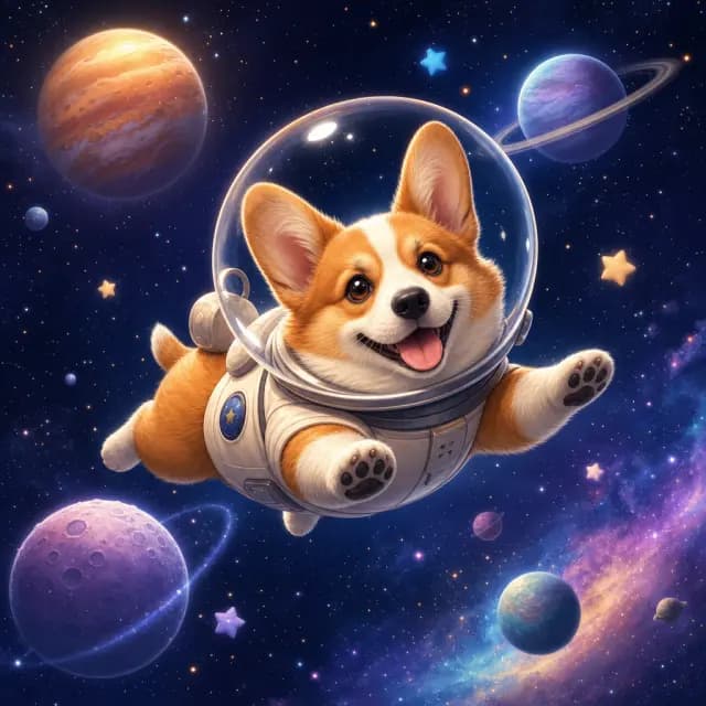 戴太空头盔的柯基在星空中漂浮